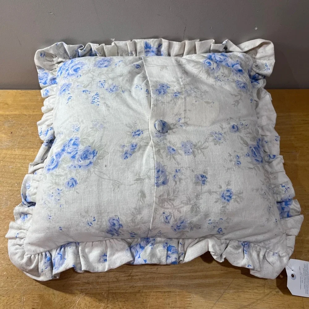 Simply Shabby Chic Blue Floral Rose Ruffle Linen Toss Pillow 16x16 Vtg 2003 NEW